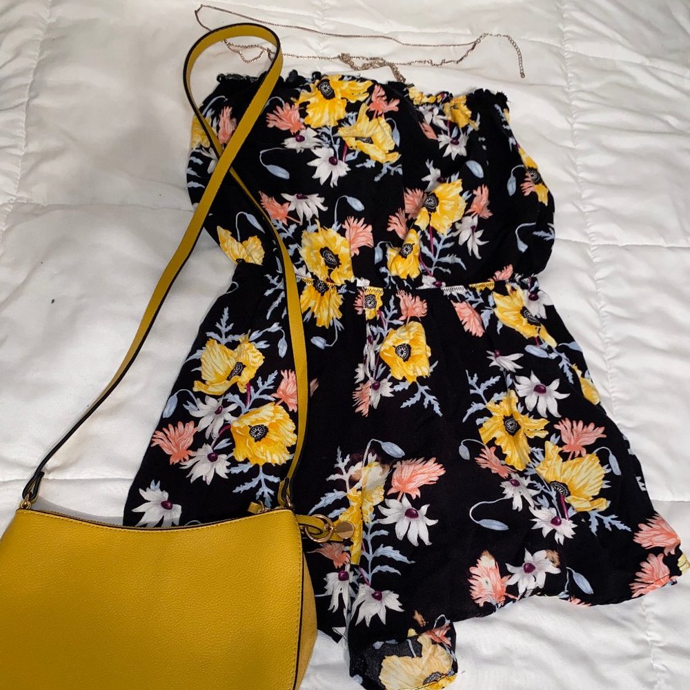 Black Yellow Floral Strapless Tube Romper, Date Night, Picnic